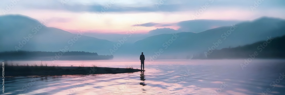 Solitary figure standing at the edge of a tranquil lake during twilight with soft lighting – Ideal for contemplative landscapes, travel content, or serene moments. Solitary figure standing at the edge of a tranquil lake during twilight with soft lighting – Ideal for contemplative landscapes, travel content, or serene moments.