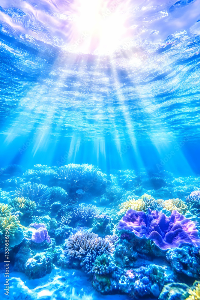 Naklejka premium Vibrant underwater coral reef scene. Sunlight beams through the water