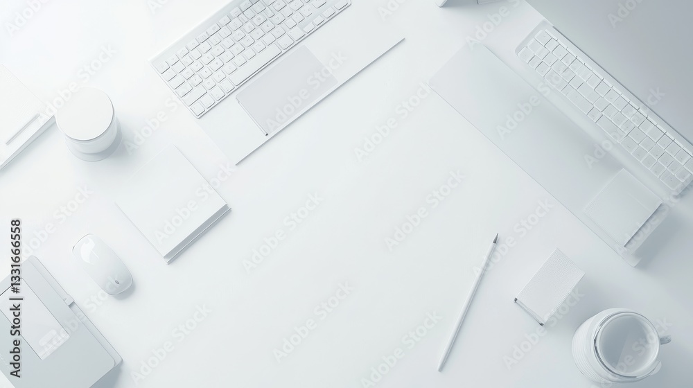 Minimalist white workspace with office tools. Minimalist white workspace with office tools.
