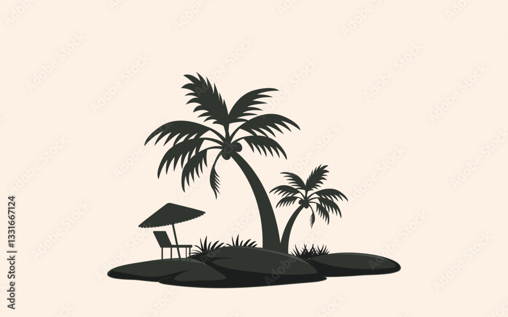 Fototapeta premium Black Silhouette of Palm Tree on island. Perfect for Designs beach palm tree vector illustration