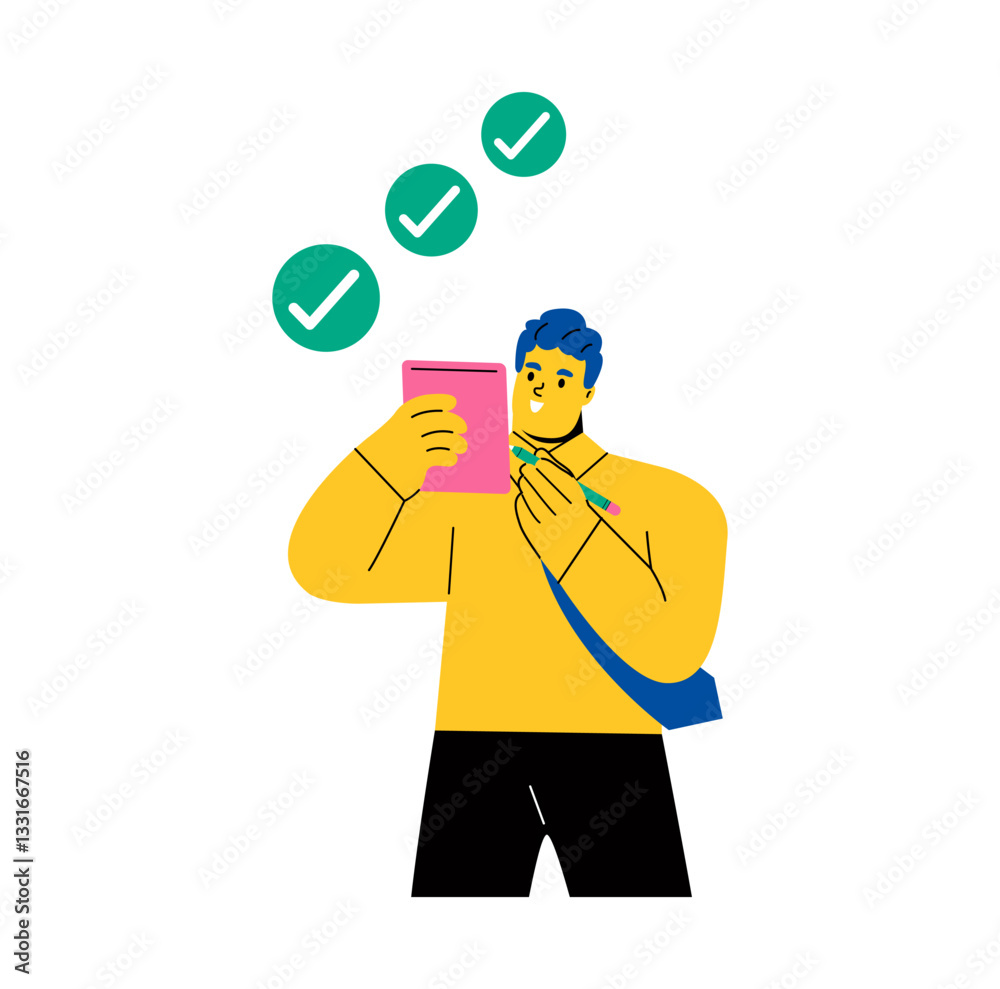 Business man takes notes and done mark. Flat vector illustration isolated on white background Business man takes notes and done mark. Flat vector illustration isolated on white background