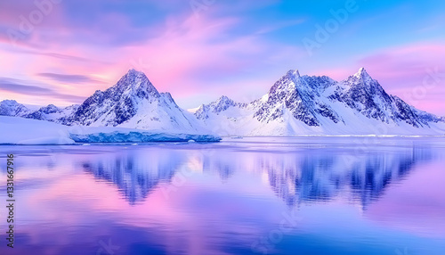 Wallpaper Mural Winter wonderland landscape, vibrant colors reflect on calm water.  Snowy mountains, icebergs, serene scene Torontodigital.ca