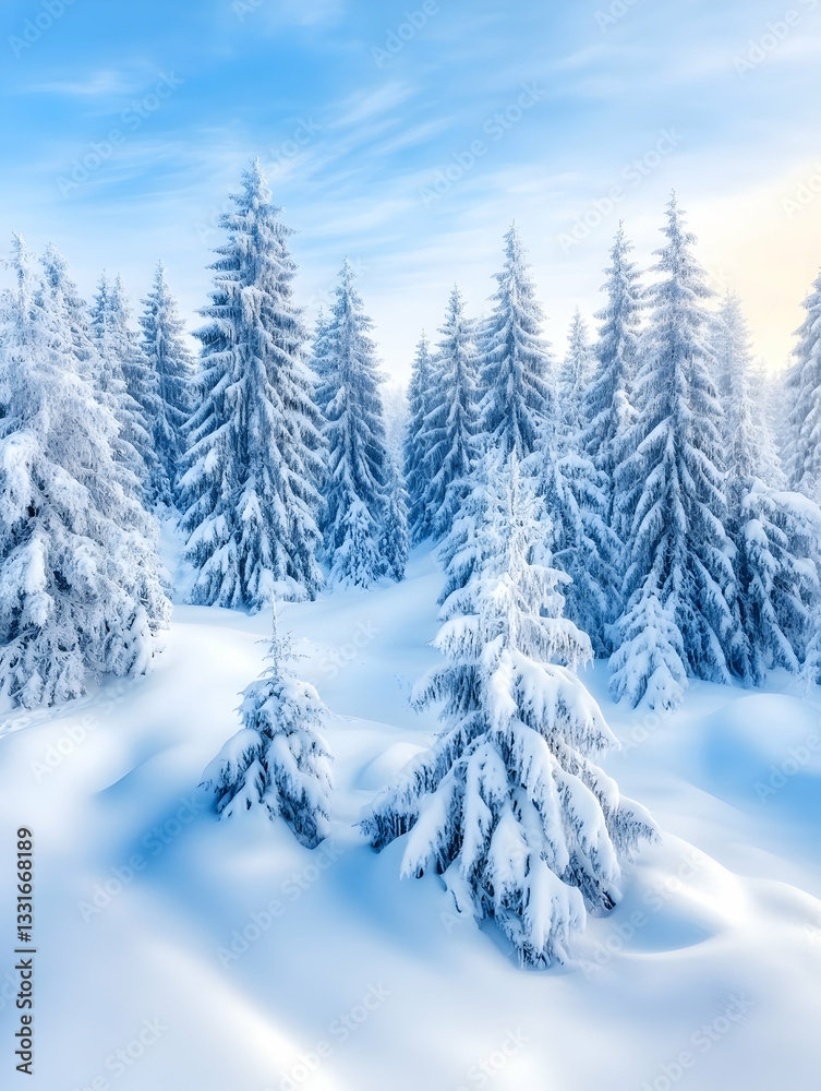 Naklejka premium Winter wonderland, snow-covered pine trees under a vibrant blue sky