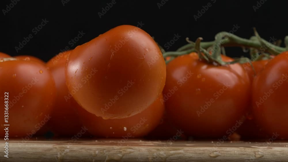 Single tomato falls into wooden surface in ultra slow-motion with water splashing at 1000 fps with multiple tomatoes on display in background