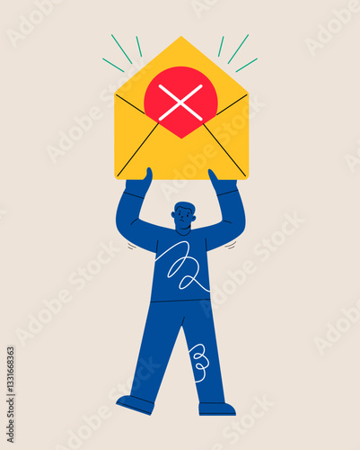 Man holding envelope in hands. Unsuccessfully sent message verification concept. Colorful vector illustration