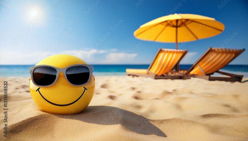 Obraz premium a yellow smiley wearing sunglasses lies on the sand near the sea a beach umbrella and sun loungers are in the background