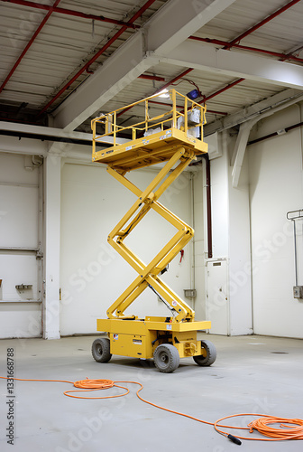 Scissor lift equipment positioned in a spacious indoor area with industrial lighting and a minimalist design