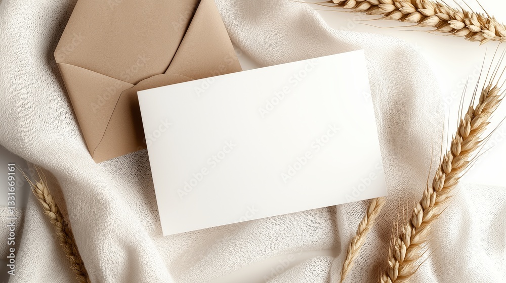 Fototapeta premium Blank greeting card mockup with envelope and wheat on a beige cloth background. Generative AI