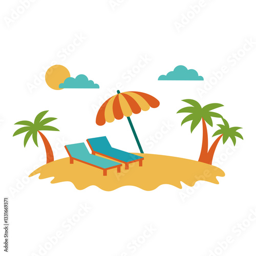 Two sun loungers on the sand among the palm trees.