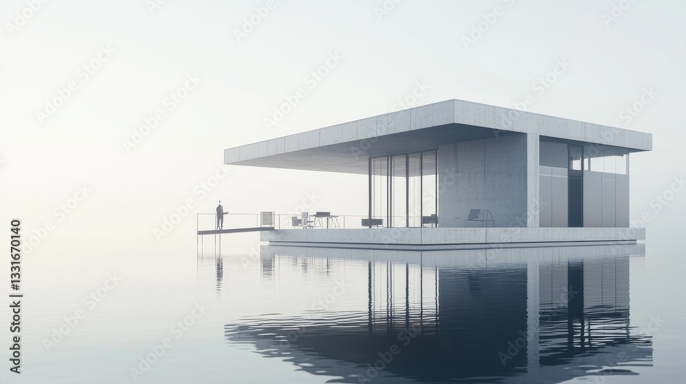 Modern house on serene water surface. Modern house on serene water surface.