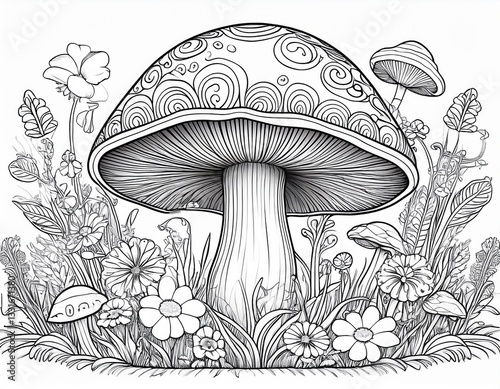 whimsical mushroom illustration with intricate details surrounded by flowers and grass designed for coloring