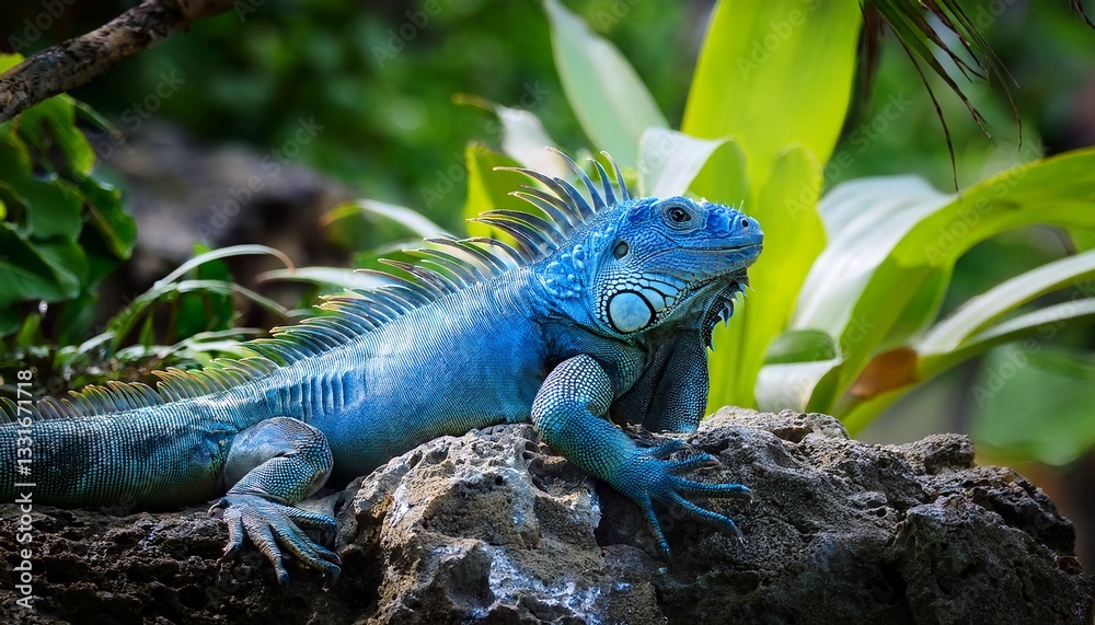 A bright blue iguana climbing rocky outcrops on a tropical island, its vivid color contrasting with the natural stone and lush greenery.
A bright blue iguana climbing rocky outcrops on a tropical island, its vivid color contrasting with the natural stone and lush greenery.