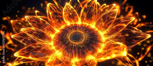 Luminous Cyberpunk Sunflower, a vibrant sunflower radiating electric energy with neon-gold and orange petals against a dark backdrop, pulsing softly like sunlight.
