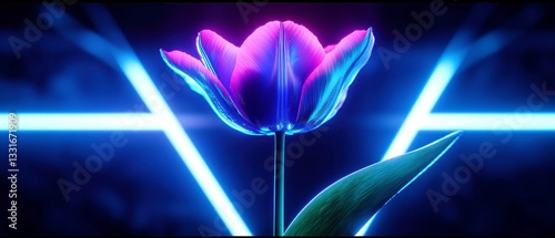 Electric Blue Tulip with Neon Accents, a sleek flower showcases glowing purple edges against a black canvas, enhanced by a subtle geometric frame, merging elegance with modernity.