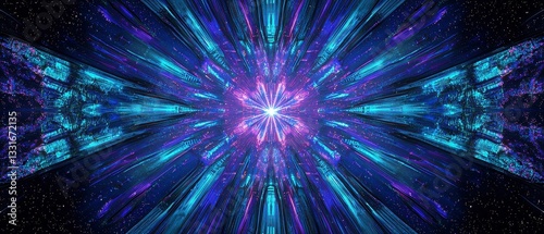 Violet-Cyan Hyperspace Burst, an electrifying display of vibrant streaks radiating from a central violet core, creating a dynamic sensation of speed and depth in a cosmic tunnel.