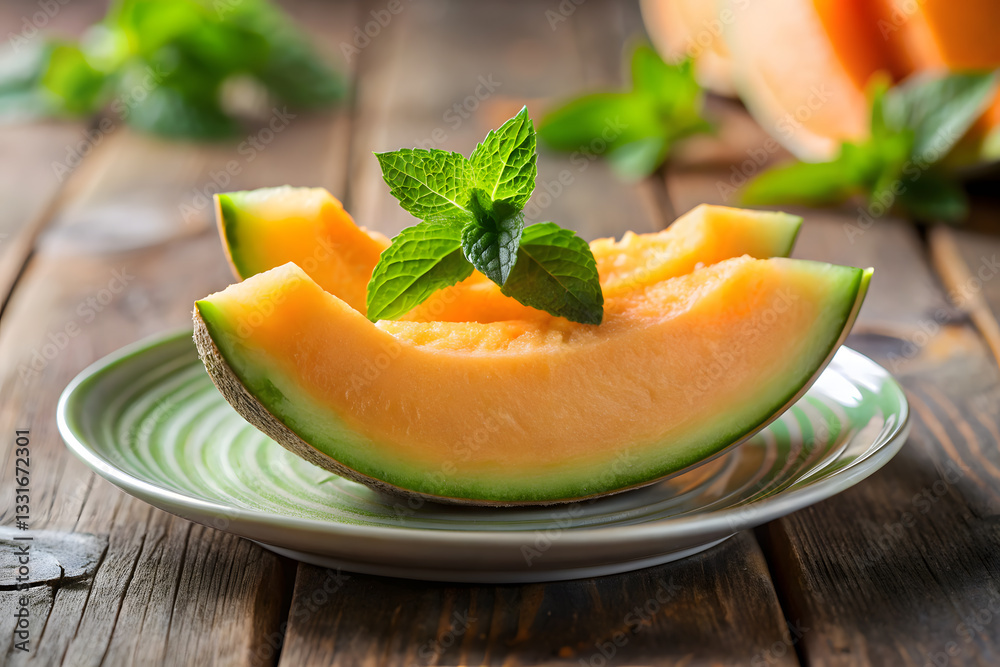 Fresh melon slices on plate, garnished with mint leaves, evoke summer vibes Fresh melon slices on plate, garnished with mint leaves, evoke summer vibes