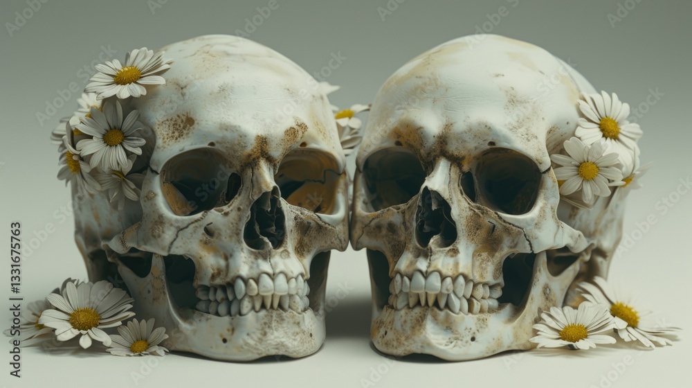 Two skulls adorned with daisies, studio setting