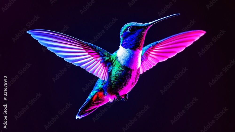 Obraz premium Vibrant neon hummingbird in dynamic flight against darkness