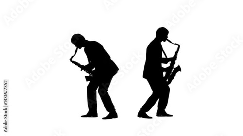 Two male musicians playing saxophone in slow motion. Black silhouette	