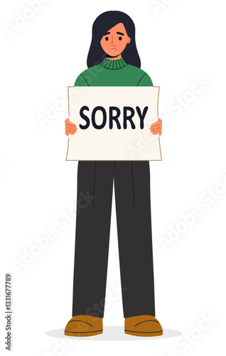 A young woman, dressed in green casual clothes, holding sign saying SORRY. Apologize or say sorry, regret for what happen asking for forgiveness concept. Vector flat illustration isolated on white