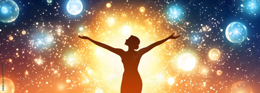 Naklejka premium A celestial dancer moving gracefully among floating orbs of pure energy