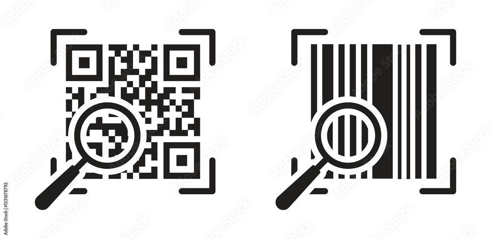 Search scanner product. QR code scanning vector icon for mobile app and payment of goods products. Vector illustration Search scanner product. QR code scanning vector icon for mobile app and payment of goods products. Vector illustration