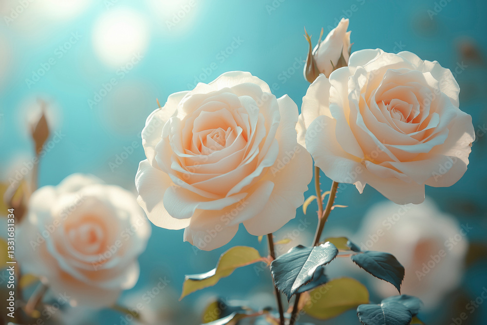 White rose flowers are in bloom under a blurred blue sky. The name of this rose is Iceberg (Schneewittchen).