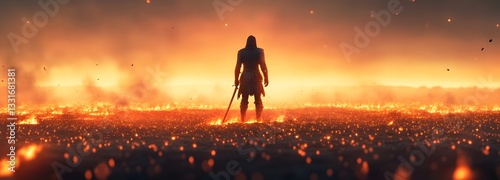 A lone warrior standing on a battlefield covered in glowing embers, holding a broken sword