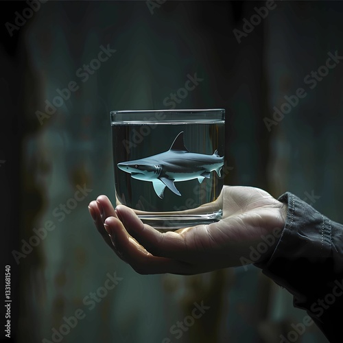 hand holding a glass of water and a shark
