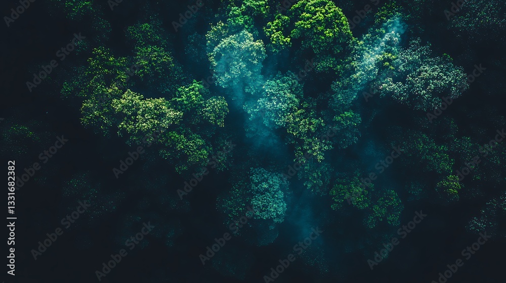 Obraz premium Fog in Trees Aerial view of forest with mist rising