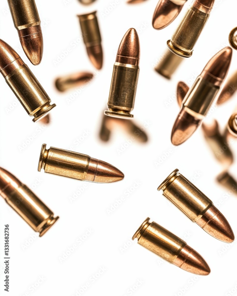 Bullets Falling. Firearm Ammunition Collection on White Background Bullets Falling. Firearm Ammunition Collection on White Background