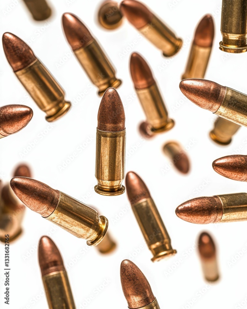 Bullets Falling. Ammunition and Armory Concept with Firearm Bullets on White Background Bullets Falling. Ammunition and Armory Concept with Firearm Bullets on White Background