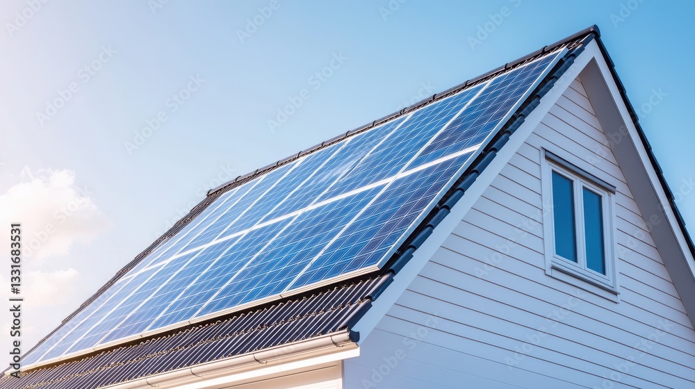 A modern house with solar panels on the roof, showcasing renewable energy technology against a clear blue sky. A modern house with solar panels on the roof, showcasing renewable energy technology against a clear blue sky.