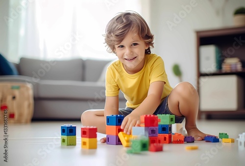 happy child playing with colorful building blocks