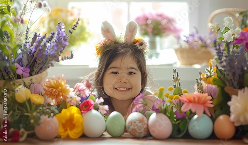 happy child wearing bunny ears sitting in front of table