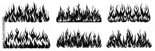 Vector fire flame border with bold silhouettes png blazing elements. Perfect for tattoo designs, danger warnings, hot backgrounds, wildfires, or fiery decorative templates. Isolated PNG