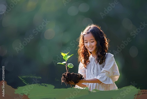 Happy Young Asian Girl Holding Soil With Sprouting
