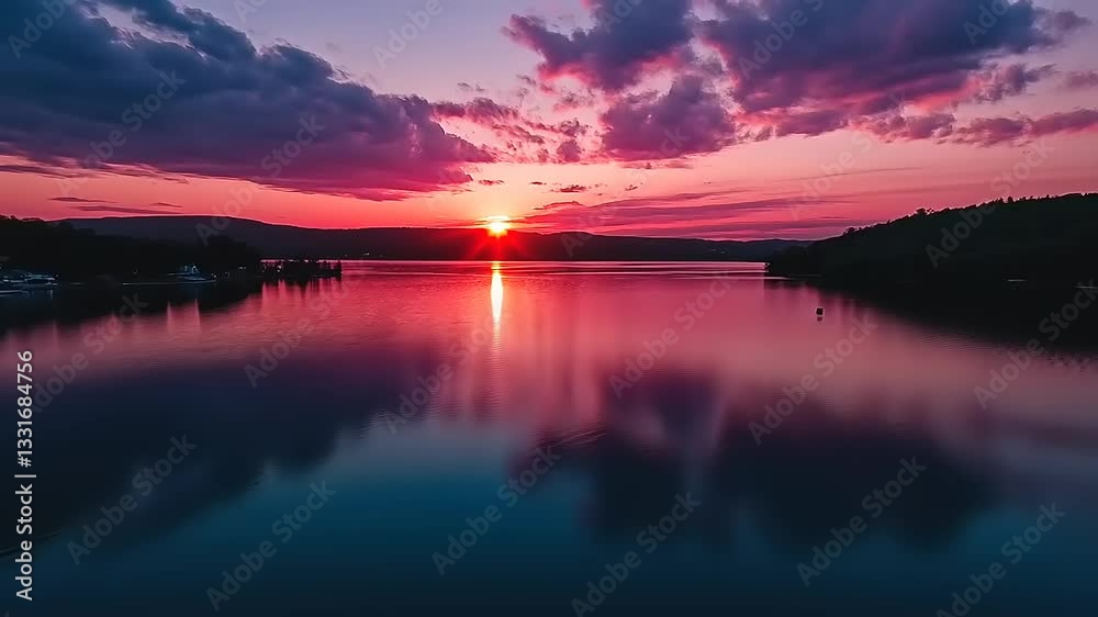 Serene sunset over a tranquil lake with vibrant reflections and dramatic clouds in the sky
