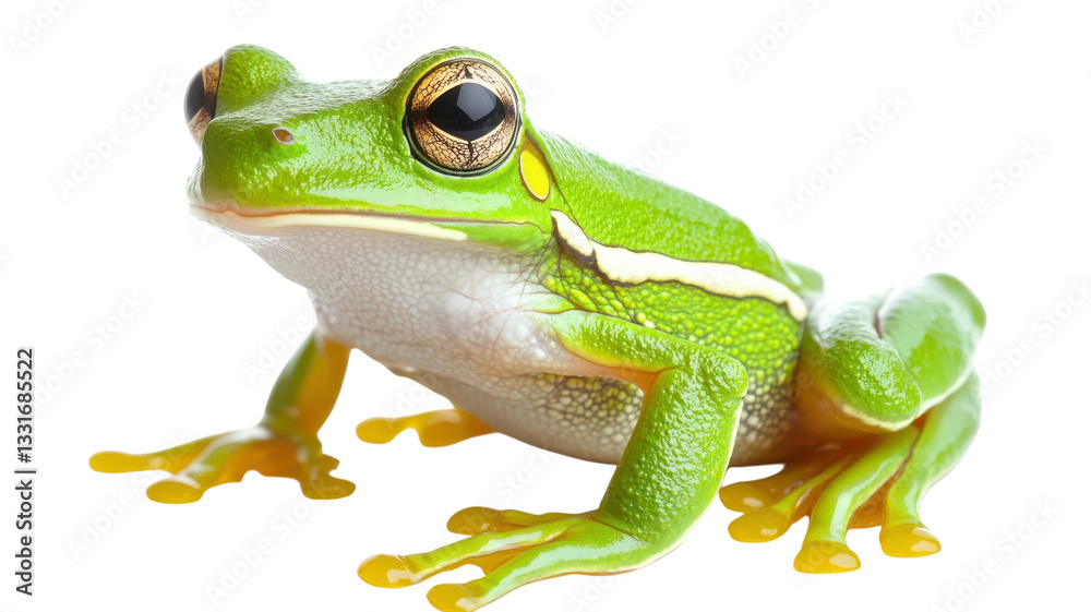 Fototapeta premium Bright green frog resting calmly on a plain background showcasing unique features and vibrant colors