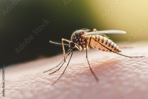 Common house mosquito drinking blood on human skin. Mosquito is biting arm. closeup of a nasty mosquito sitting on hand. Macro. Zika virus. Insect bite. Allergic reaction, itchy, allergy, dermatitis