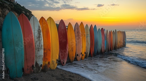 Surfboards Lined Up on the Beach Ready for Surfing