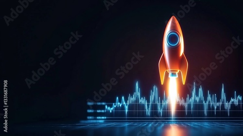 An Inspiring Rocket Launch: Symbolizing Growth and Achievement in a Bright Sky with Rising Graphs