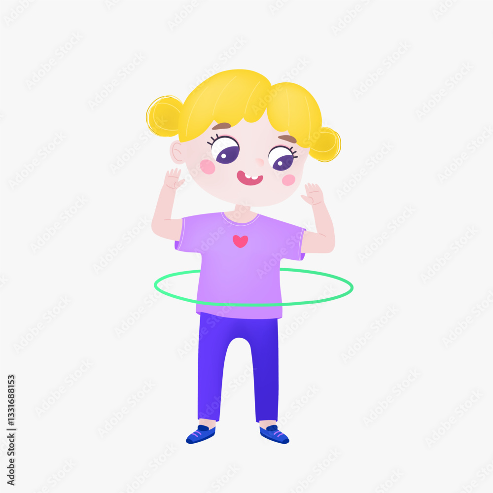 Cute little girl with hula hoop. Little smiling kid having fun with toy ring. Flat vector illustration isolated on white background Cute little girl with hula hoop. Little smiling kid having fun with toy ring. Flat vector illustration isolated on white background