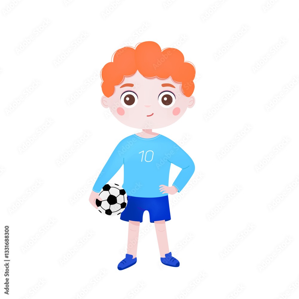 Sport little boy with soccer ball. Flat vector illustration isolated on white background Sport little boy with soccer ball. Flat vector illustration isolated on white background