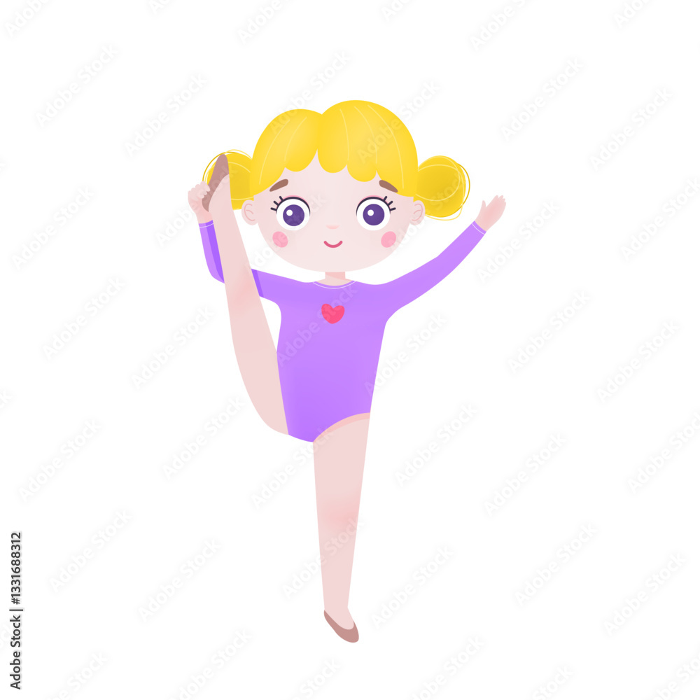 Little gymnast kid lifts his leg. Little gymnast girl doing splits standing. Flat vector illustration isolated on white background