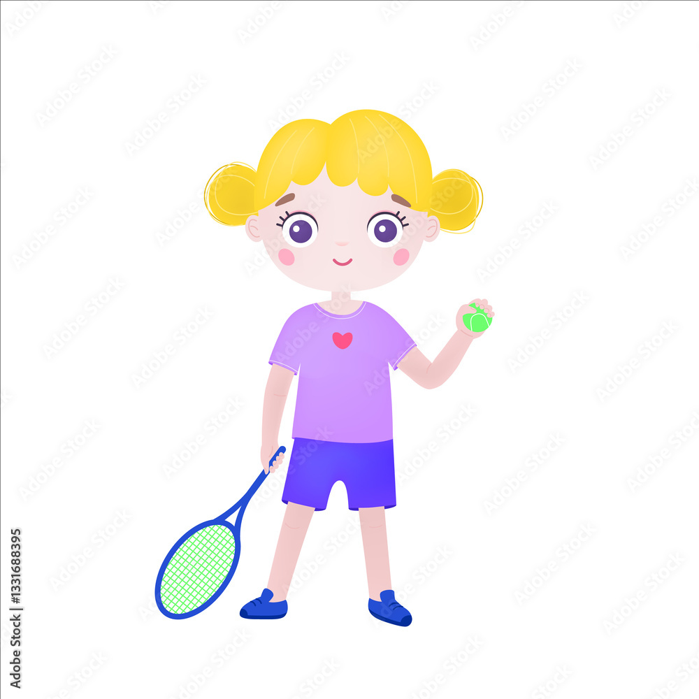Cute little girl with tennis ball and tennis racket. Little girl tennis player in sportswear. Flat illustration isolated on white background Cute little girl with tennis ball and tennis racket. Little girl tennis player in sportswear. Flat illustration isolated on white background