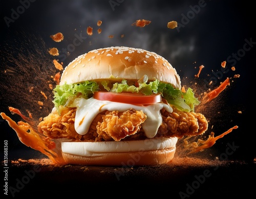 explosive crispy chicken burger with fresh ingredients and dynamic mayonnaise splash