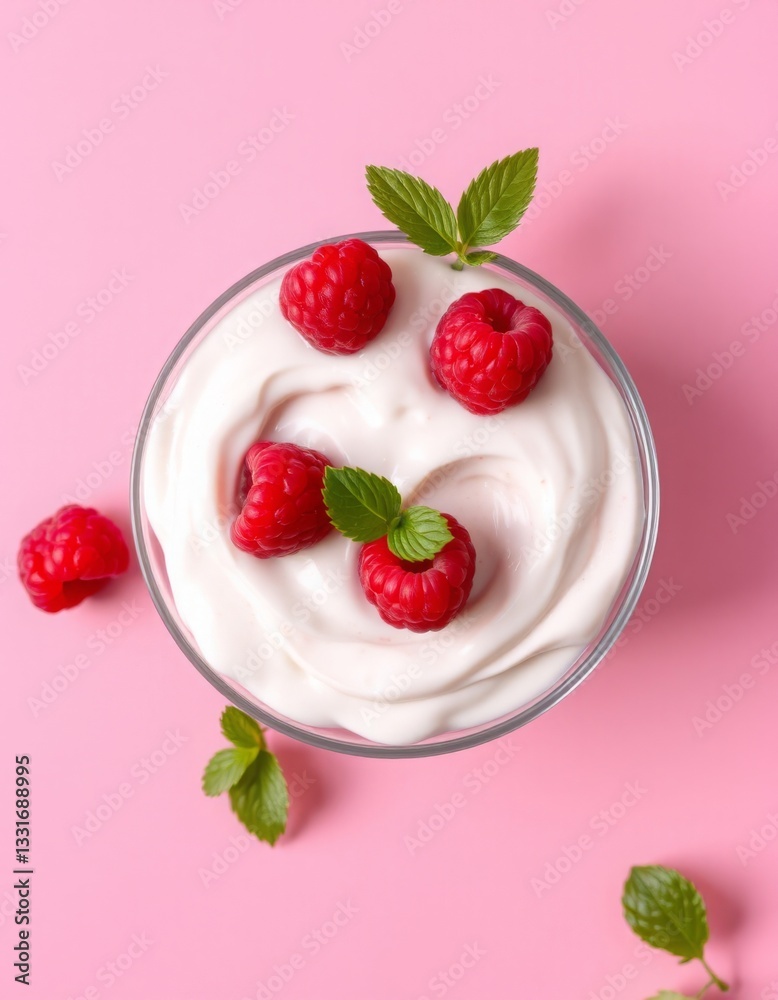 Yogurt with raspberries on a pink background Yogurt with raspberries on a pink background