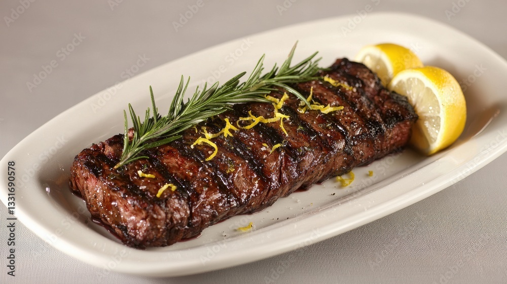 Charred skirt steak plated on a white ceramic dish Charred skirt steak plated on a white ceramic dish