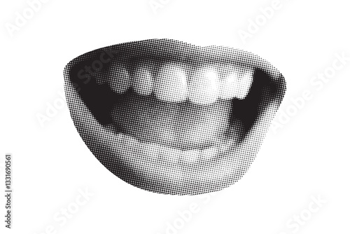 A halftone photograph of a woman's gorgeous, full lips from a magazine clipping. open mouth, emotions